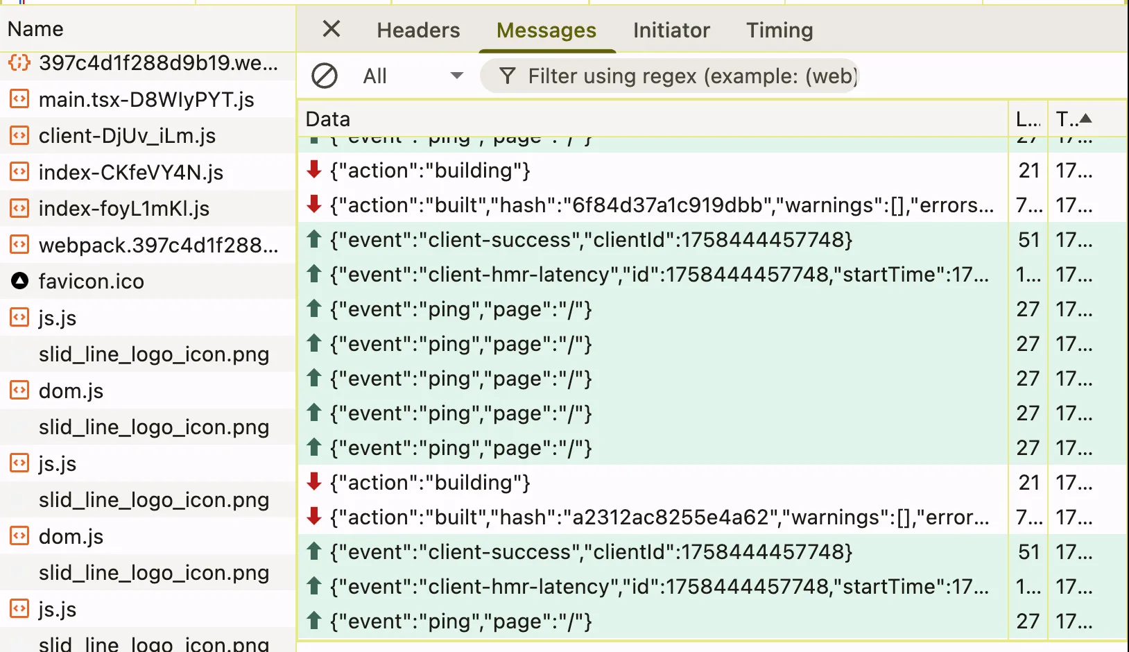 HMR을 위해 웹소켓이 연결되면 네트워크 탭에서 주기적으로 ping을 보내는 것을 확인할 수 있다.